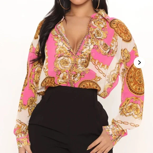 NWT Fashion Nova Green and Gold Chain Print Shirts - Picture 4 of 8